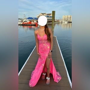 Hot pink prom/pageant dress with iridescent details.